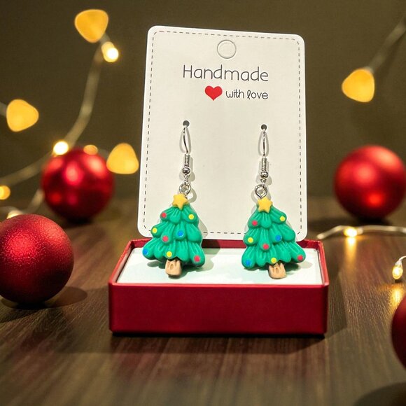 Handmade Christmas Tree Earrings | Polymer Clay Holiday Jewelry - Picture 7 of 7